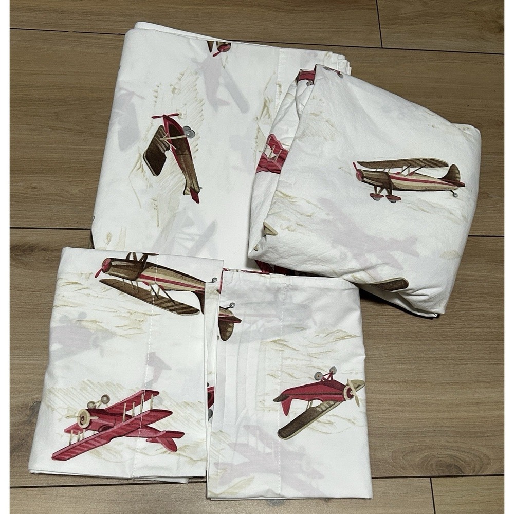 Pottery Barn Kids Twin Airplane Set Flat & Fitted Sheet W/ 2 Pillow Cases Cotton